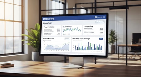 Unified household dashboard showing primary brokerage, outside 401(k), and held-away accounts aggregated for a financial advisor — illustration for the StratiFi blog post on held-away assets