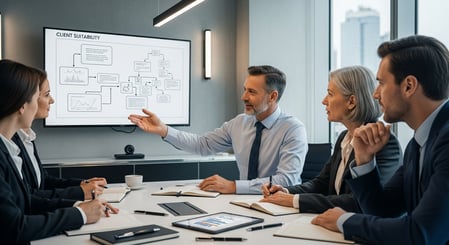 Featured image for Documenting RIA Suitability in the Advice Process — compliance and advisory professionals at a modern wealth management firm