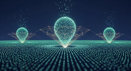 Abstract data visualization for portfolio concentration risk: a diversified field of data points with a few large nodes pulling outsized exposure.