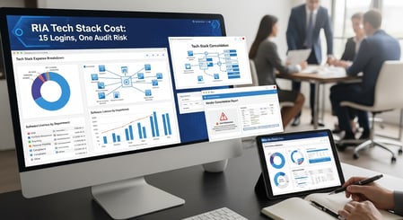 Featured image for RIA Tech Stack Cost: 15 Logins, One Audit Risk — compliance and advisory professionals at a modern wealth management firm