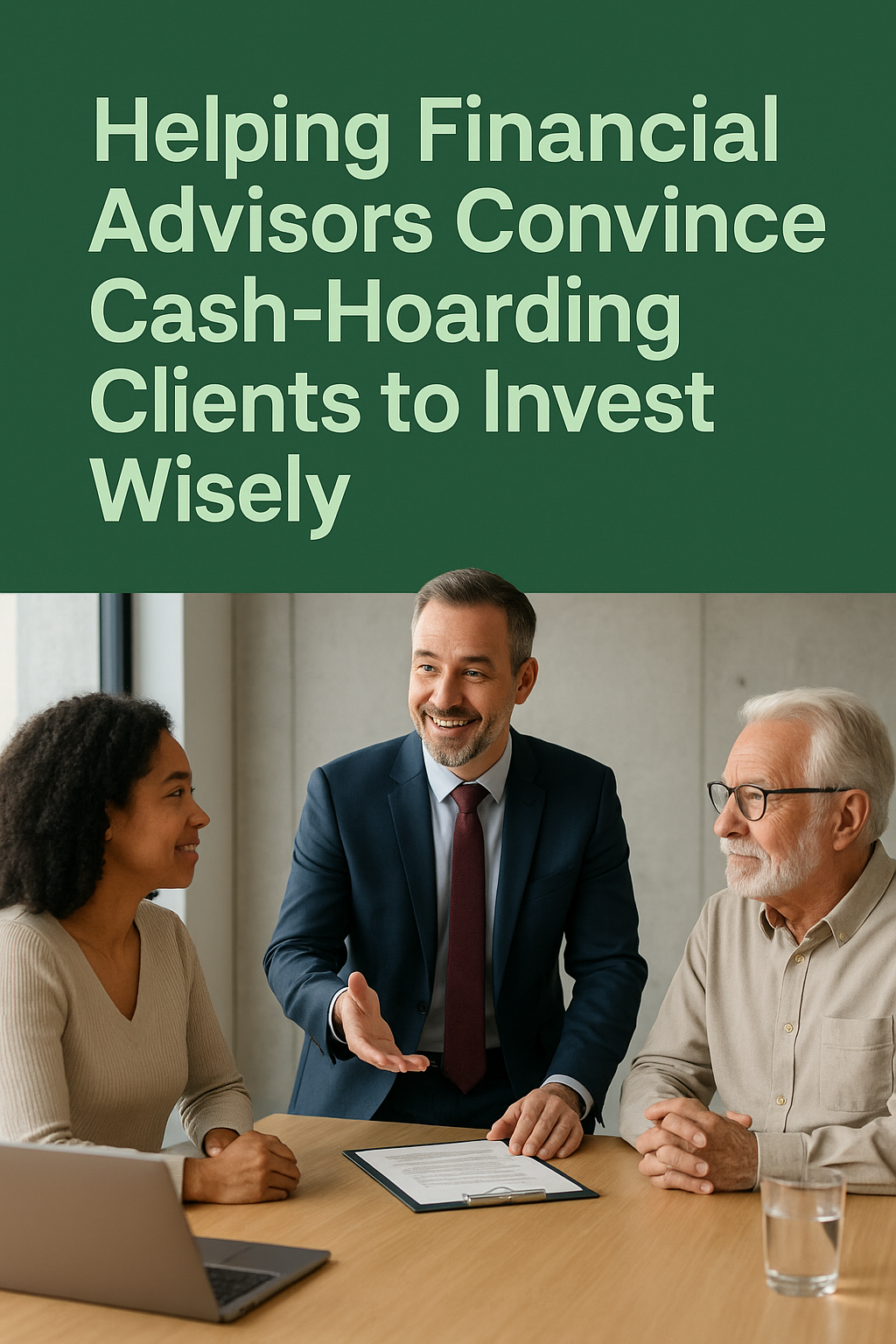 A cover image for an ebook to help financial advisors convince their clients who hoard cash to invest wisely Show people The setting should be a conference room The background color for text should be green The financial advisors should be friendly-2
