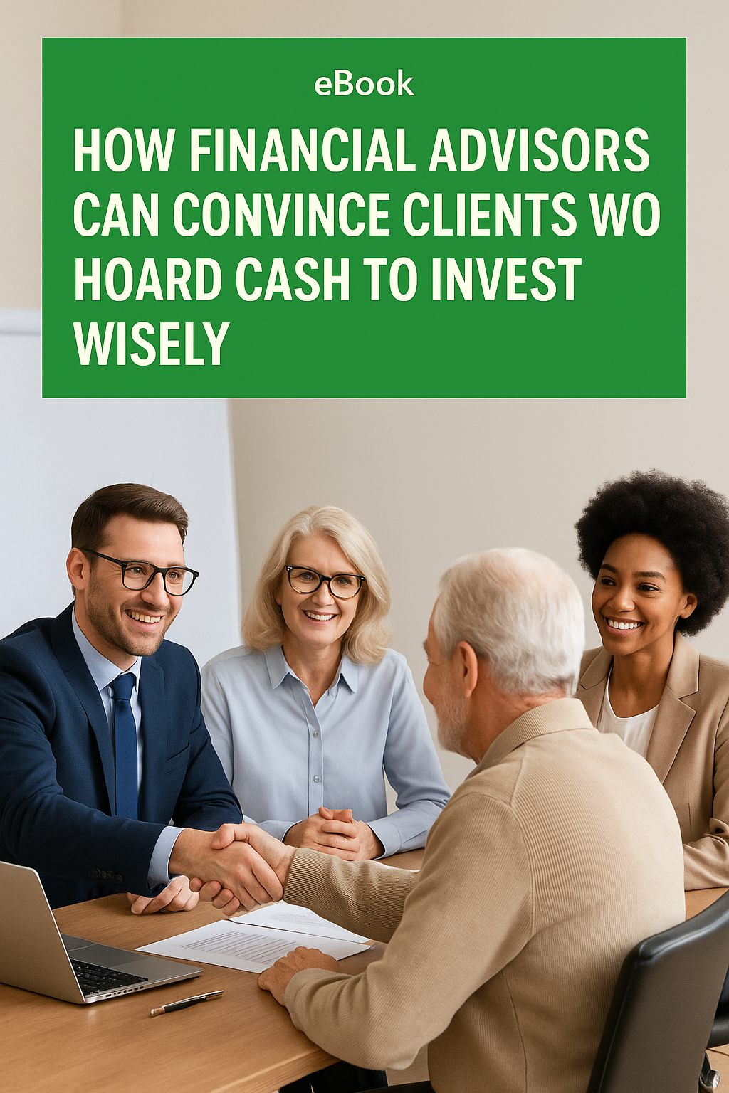 A cover image for an ebook to help financial advisors convince their clients who hoard cash to invest wisely Show people The setting should be a conference room The background color for text should be green The financial advisors should be friendly-3