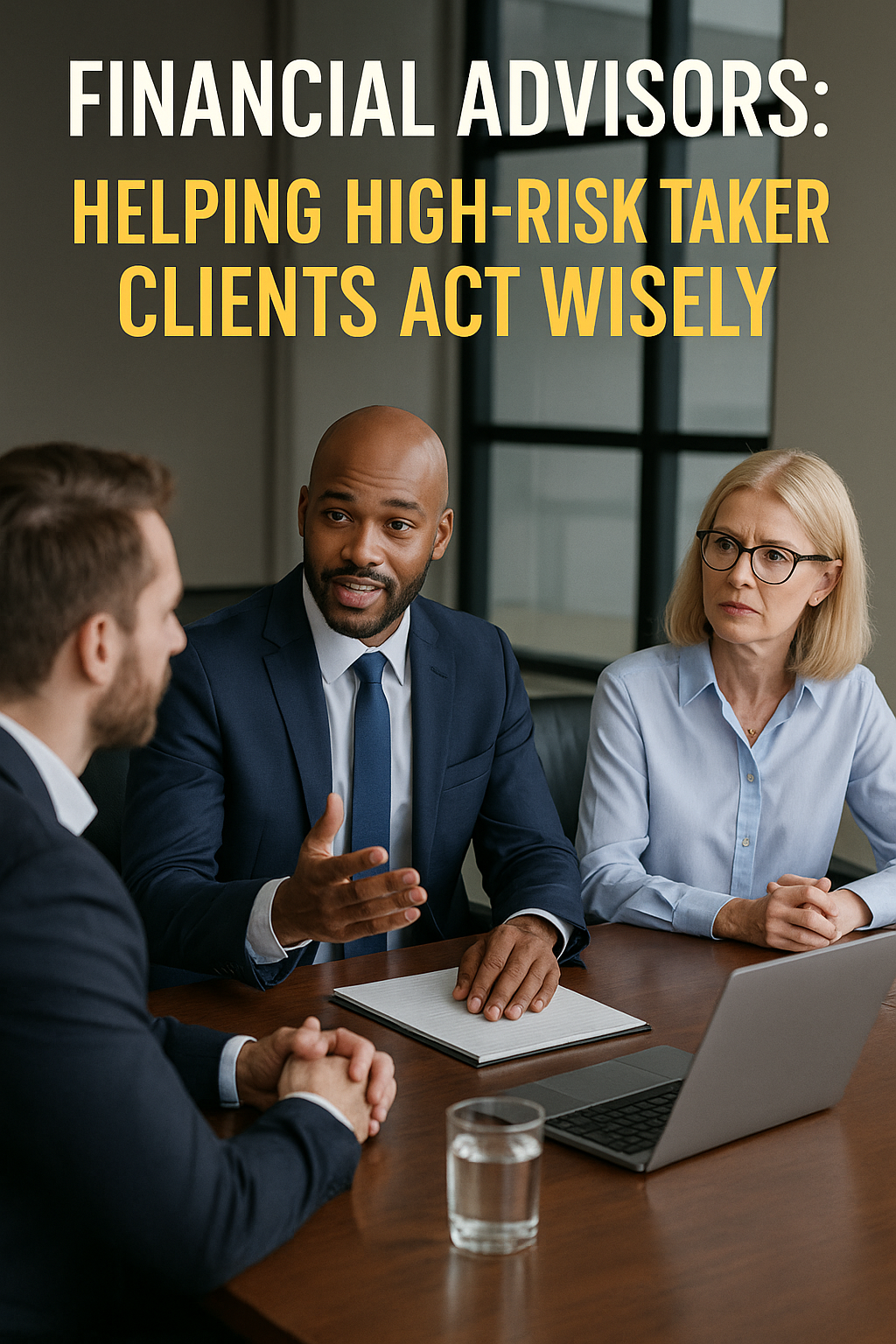 ebook cover for financial advisors to help convince high risk taker clients to act wisely conference room settings with real people-3