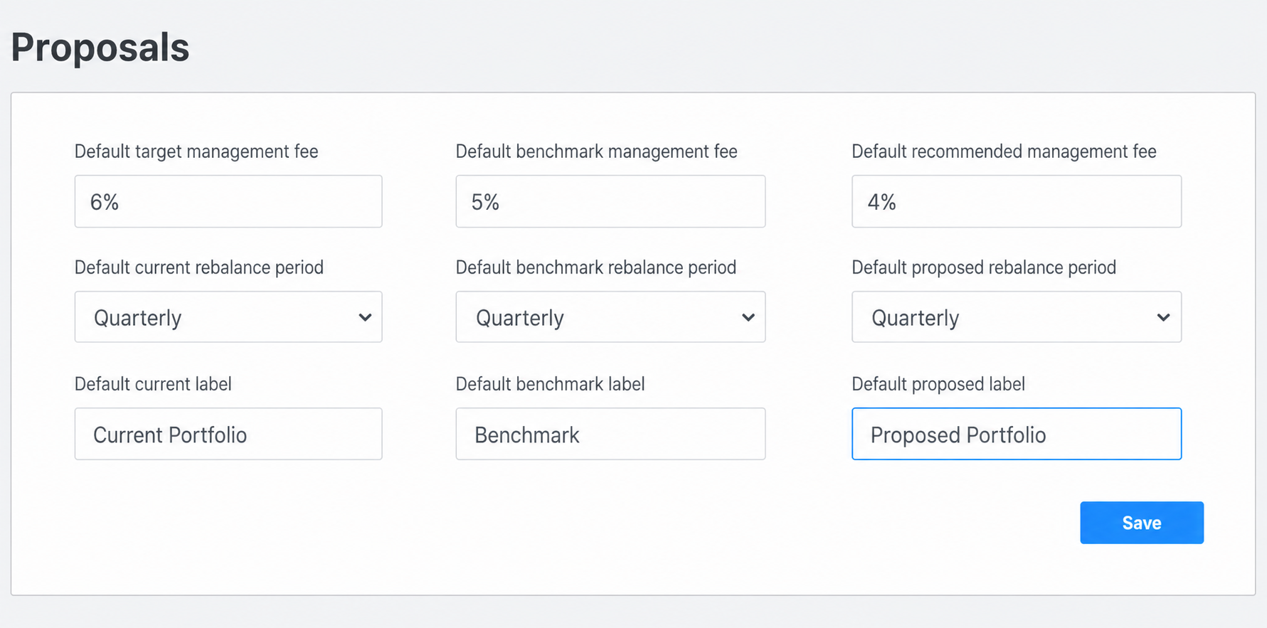 StratiFi Proposal Defaults configuration page showing firm-wide default management fees, rebalance periods, and labels for current and proposed portfolios